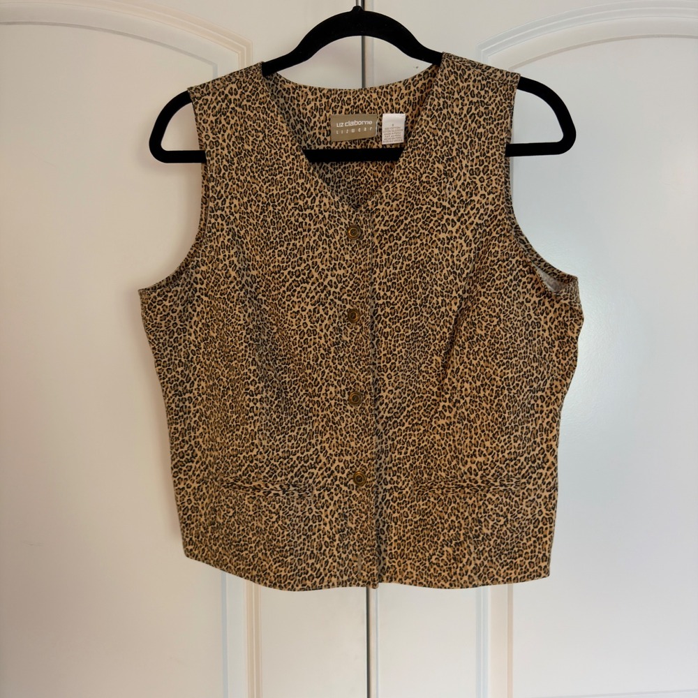 Liz Claiborne Lizwear Vintage Leopard Print Cotton Button Front Vest Brown 8